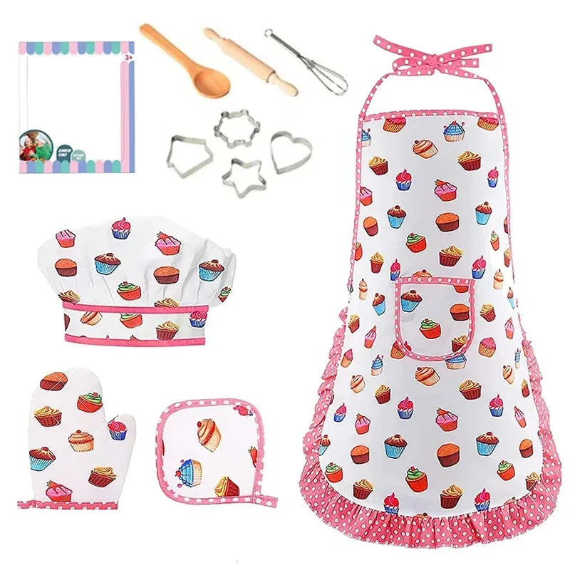 Kitchen Toys Baking Pretend Play Cooking Tools Little Girls Chef Apron Set Pink Costume Educational Dress Up Toys Gift