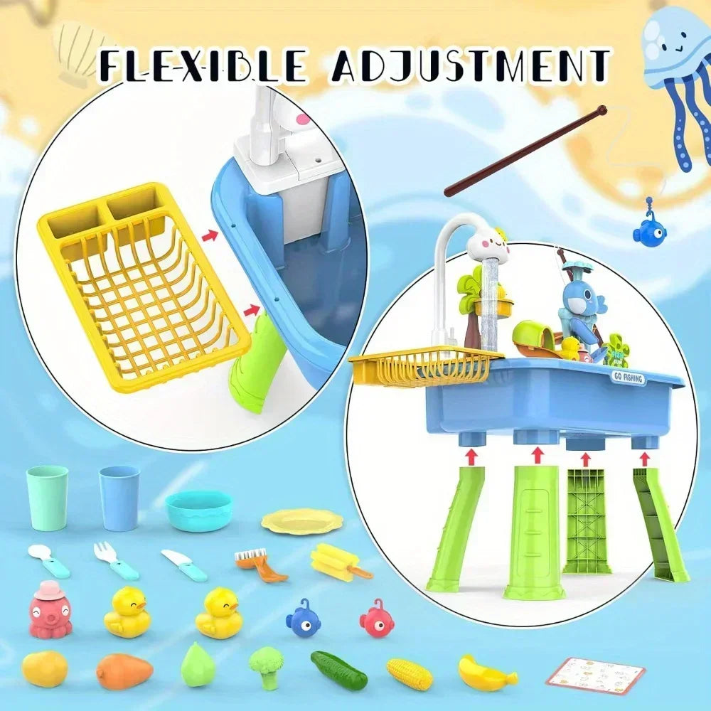 Kitchen Sets Water table with Pump,Tableware & Fishing Game for Kids,Children's Play Sink with Running Water & Electric Faucet