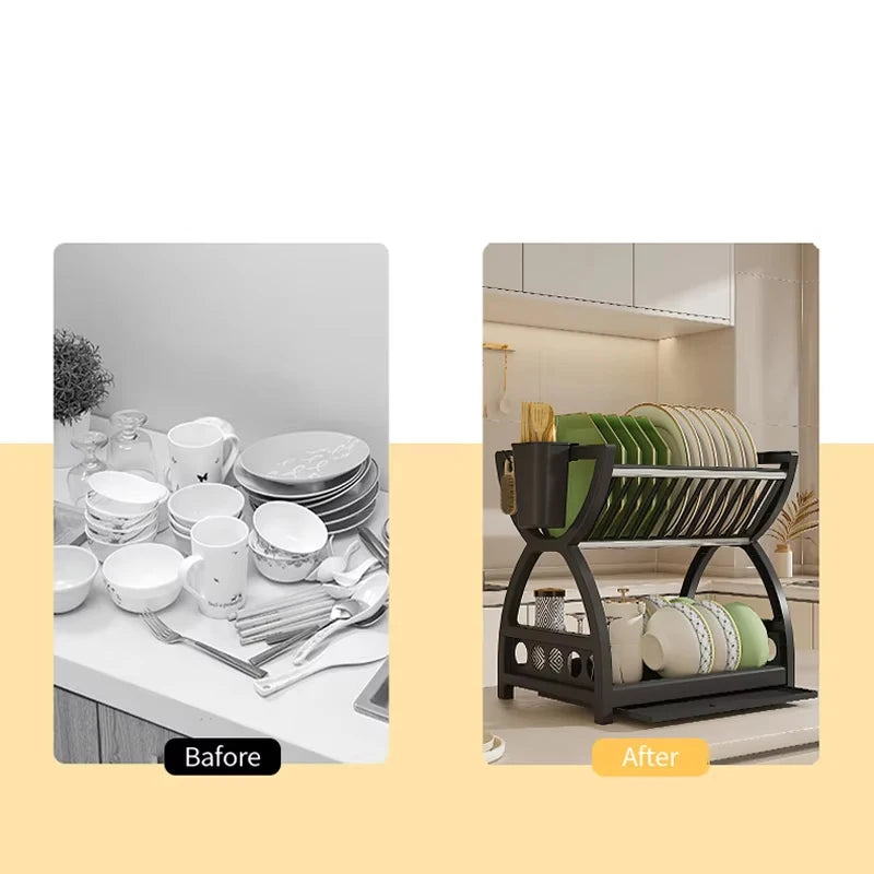 Kitchen Utensil Storage Rack, Desktop Double-Layer Dish Storage Rack, Kitchen Drain Rack That Saves Storage Space