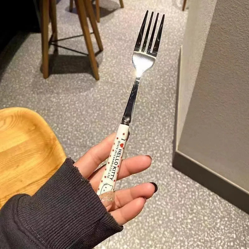 Sanrio Hello Kitty Kitchen Tableware Stainless Steel Chopsticks Spoon Fork Student Office Portable Dinnerware Set Birthday Gifts