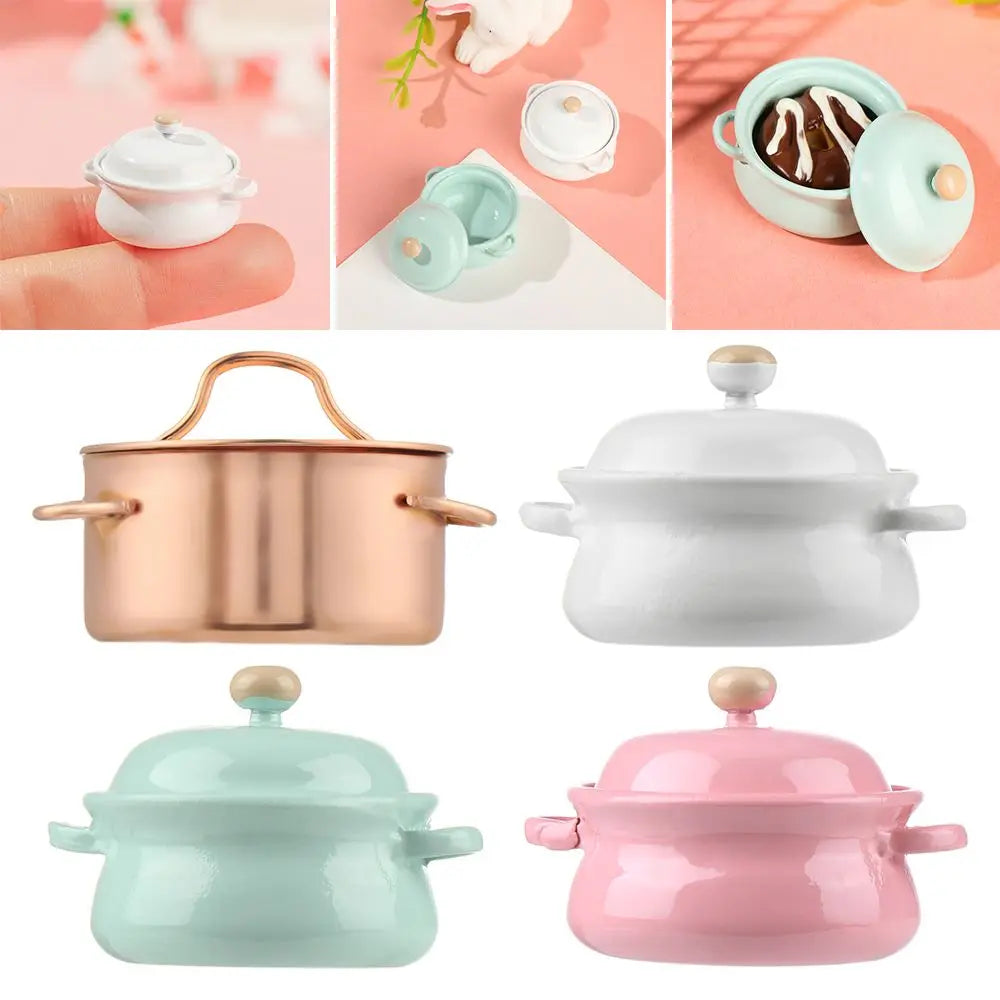 1/12 Scale Simulation Model Kitchen Cooking Toys With Pot Cover Mini Cookware Miniature Soup Pot Dollhouse Accessories