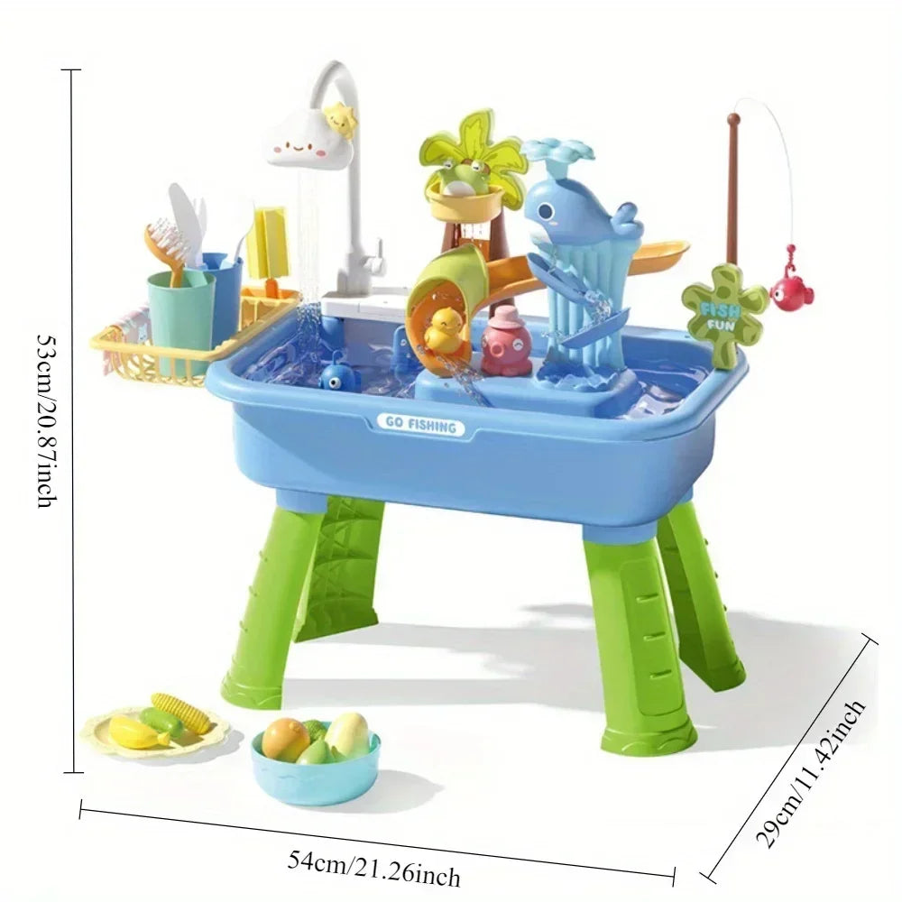 Kitchen Sets Water table with Pump,Tableware & Fishing Game for Kids,Children's Play Sink with Running Water & Electric Faucet