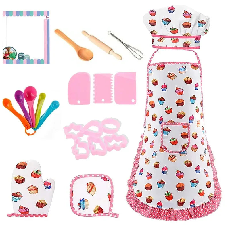 Kitchen Toys Baking Pretend Play Cooking Tools Little Girls Chef Apron Set Pink Costume Educational Dress Up Toys Gift