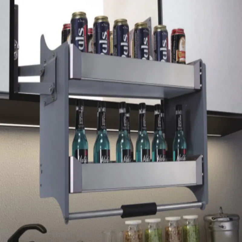 Kitchen Cabinet Modern Lift Up Mechanism System Food Beverage Vertical Pull Down Elevator Storage Wire Basket Shelf Shelves