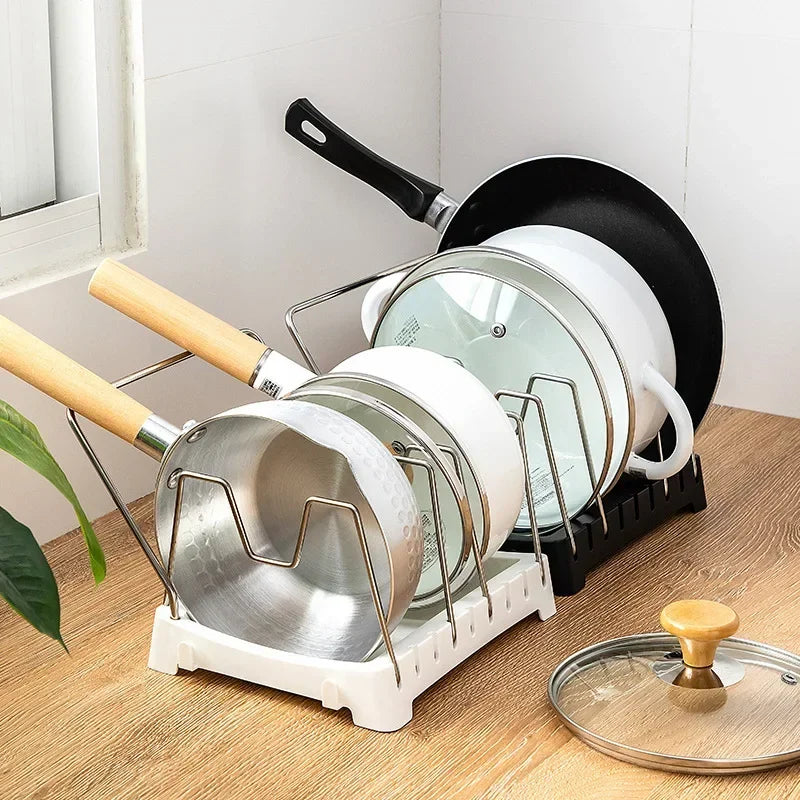 Kitchen Organizer Adjustable Pot Lid Rack, Spoon Holder Shelf, Cooking Dish Drainer Drying Rack, Pan Cover Stand