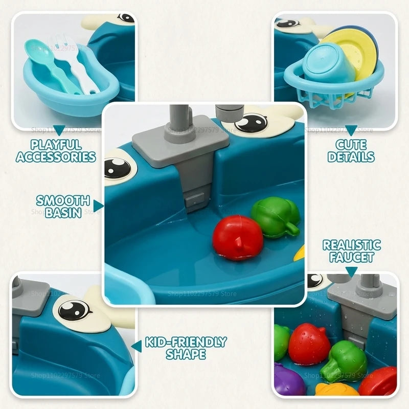 Children Play Kitchen Set with Simulated Dishwasher Sink Hand Basin Electric Circulating Water Toy for Boys Girls Kids Role Play