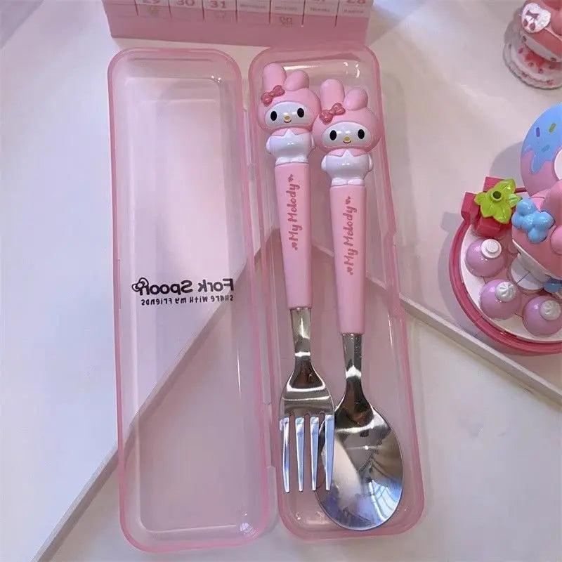 New Kuromi Hello Kitty Cinnamoroll Spoon Fork 2 Pcs Set Stainless Steel Cartoon Cute Kid Tableware Kitchen Supplies Gift