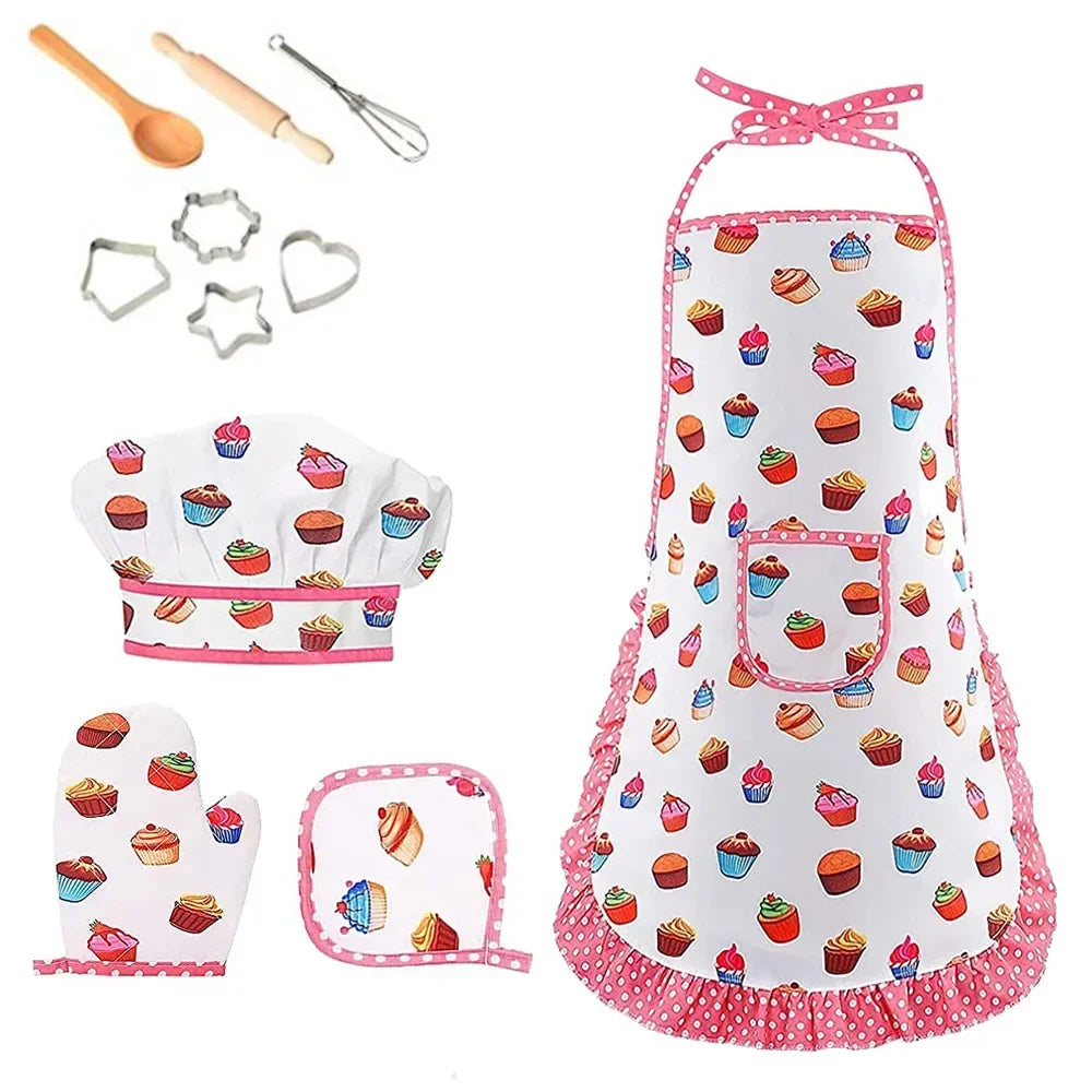 Kitchen Toys Baking Pretend Play Cooking Tools Little Girls Chef Apron Set Pink Costume Educational Dress Up Toys Gift