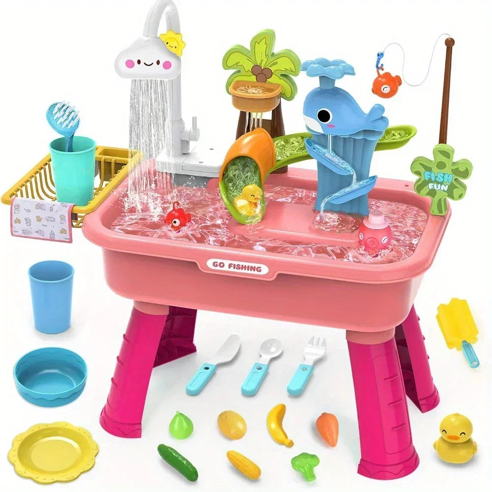 Kitchen Sets Water table with Pump,Tableware & Fishing Game for Kids,Children's Play Sink with Running Water & Electric Faucet