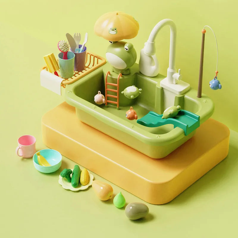 Kitchen Sink Toys Electric Dishwasher Playing Toy With Running Water Pretend Play Food Fishing Kids Toy Role Playing Girls Gifts