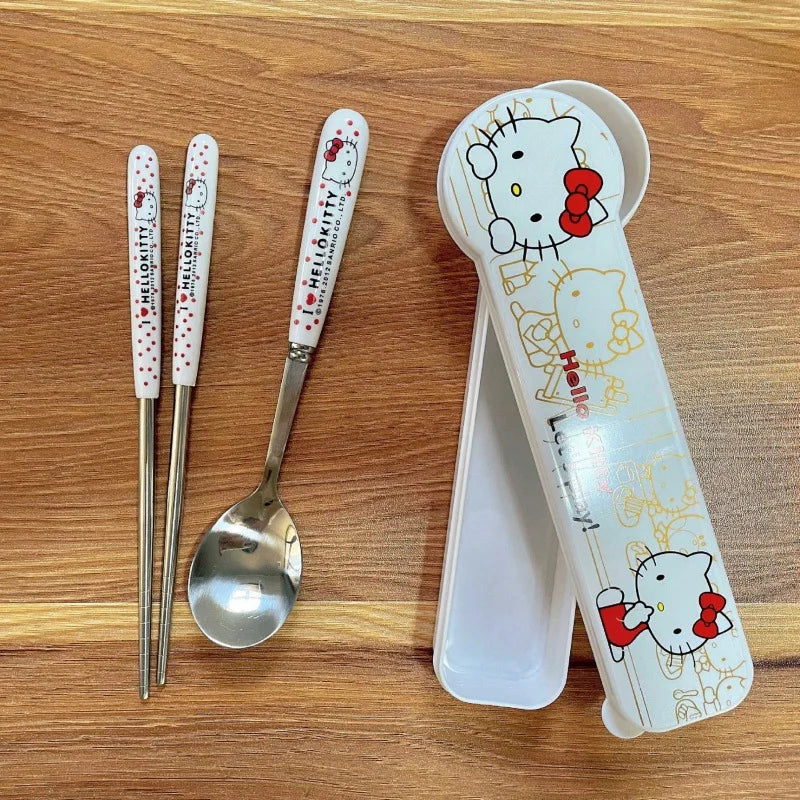 Sanrio Hello Kitty Kitchen Tableware Stainless Steel Chopsticks Spoon Fork Student Office Portable Dinnerware Set Birthday Gifts