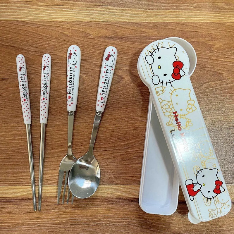 Sanrio Hello Kitty Kitchen Tableware Stainless Steel Chopsticks Spoon Fork Student Office Portable Dinnerware Set Birthday Gifts