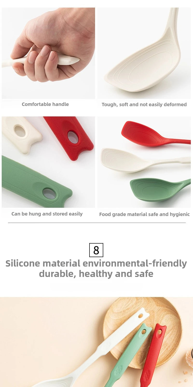 Kitchen Tool Silicone Spoon Multi purpose Grip Comfortable Anti slip Round Handle Large Cookware Tableware Spoon