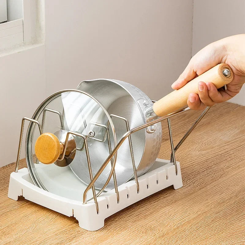 Kitchen Organizer Adjustable Pot Lid Rack, Spoon Holder Shelf, Cooking Dish Drainer Drying Rack, Pan Cover Stand