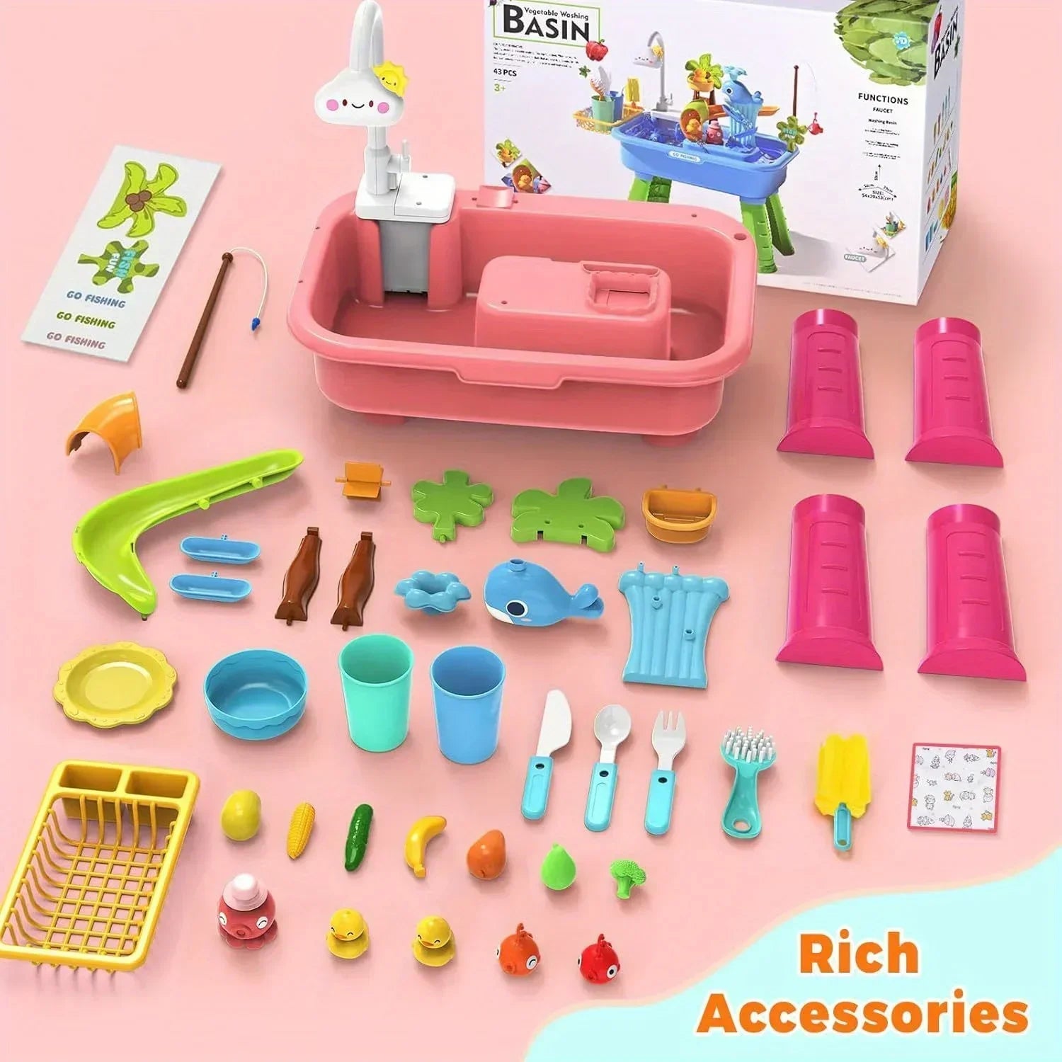 Kitchen Sets Water table with Pump,Tableware & Fishing Game for Kids,Children's Play Sink with Running Water & Electric Faucet