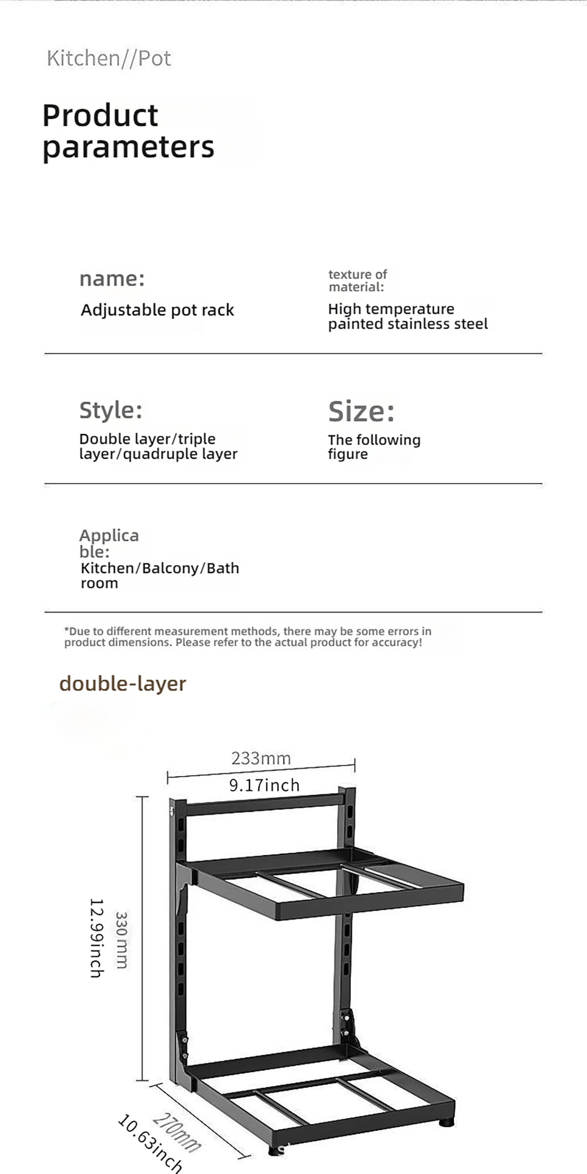Kitchen Shelf Space-saving Kitchenware Storage Rack Adjustable Pot Rack 2-4 Tiers Under Sink/Corner Applicable