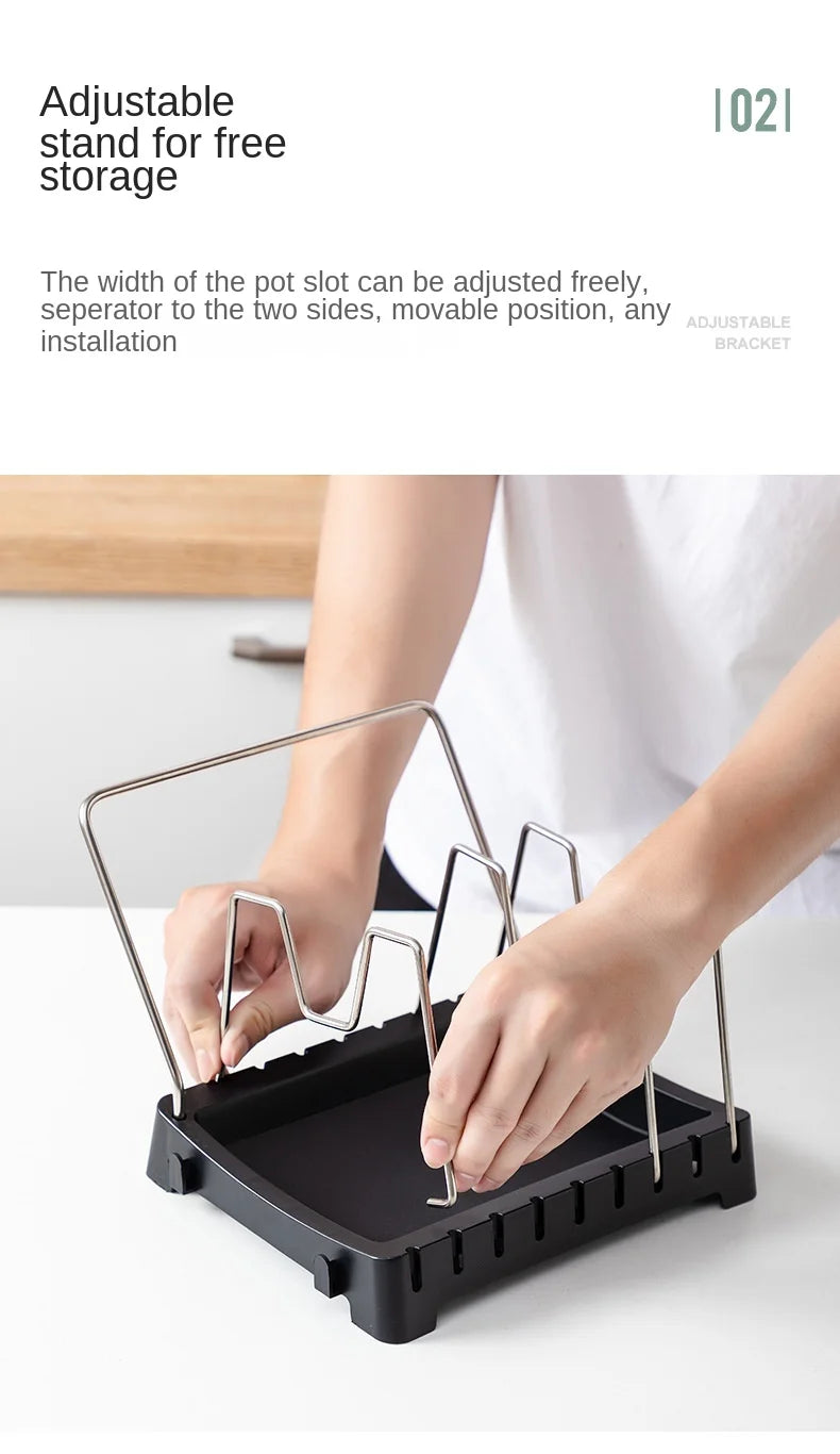 Kitchen Organizer Adjustable Pot Lid Rack, Spoon Holder Shelf, Cooking Dish Drainer Drying Rack, Pan Cover Stand