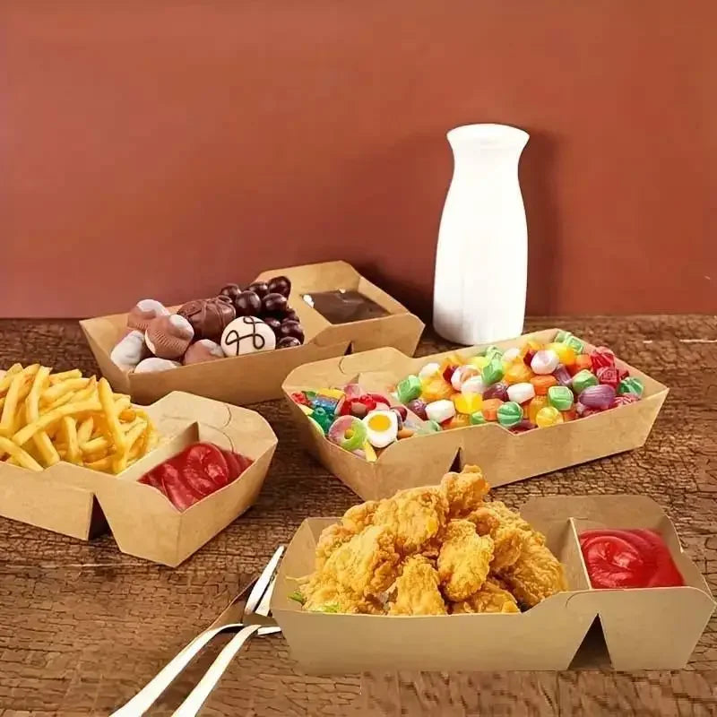 Kraft Paper Serving Tray – Dual-Compartment Food Tray 50pcs