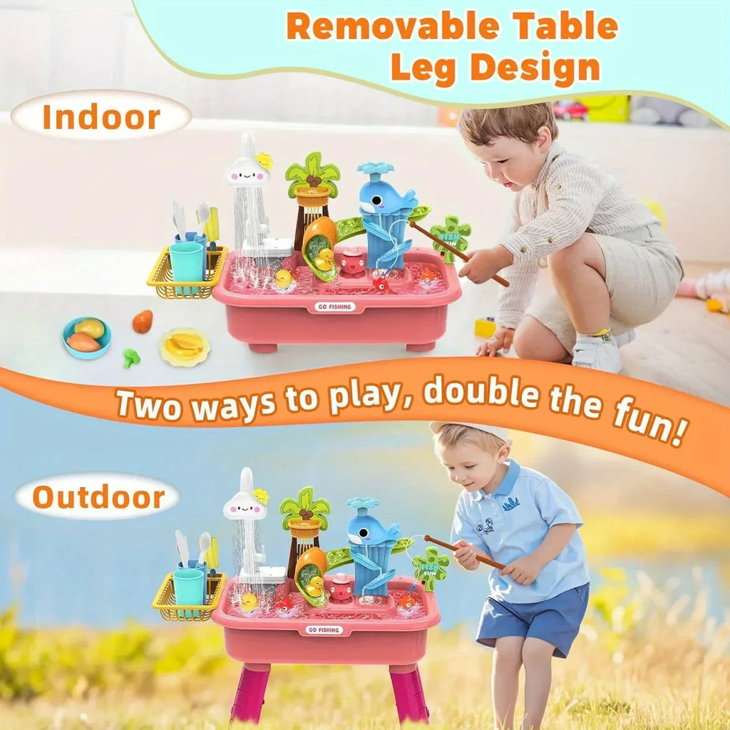Kitchen Sets Water table with Pump,Tableware & Fishing Game for Kids,Children's Play Sink with Running Water & Electric Faucet