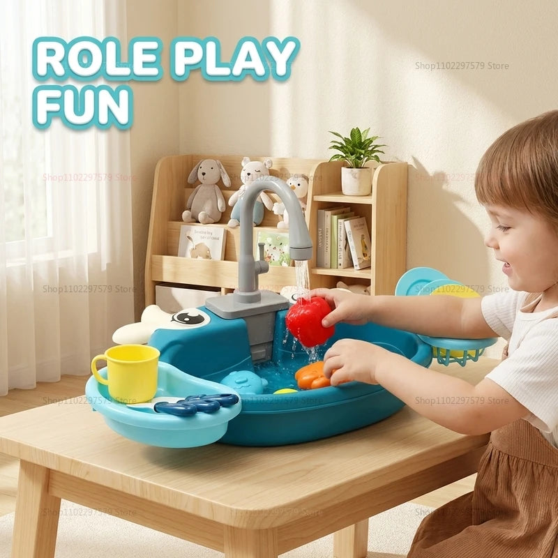 Children Play Kitchen Set with Simulated Dishwasher Sink Hand Basin Electric Circulating Water Toy for Boys Girls Kids Role Play