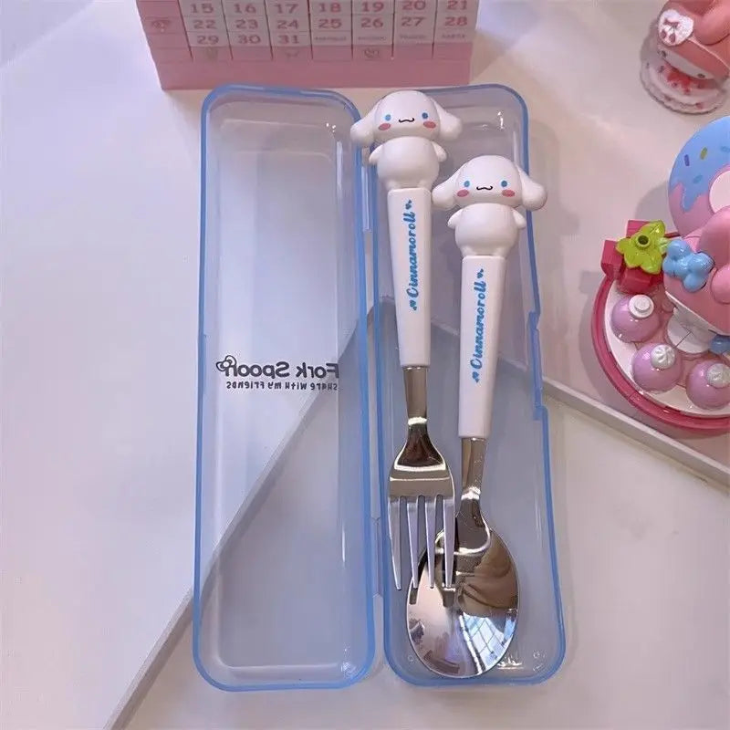 New Kuromi Hello Kitty Cinnamoroll Spoon Fork 2 Pcs Set Stainless Steel Cartoon Cute Kid Tableware Kitchen Supplies Gift