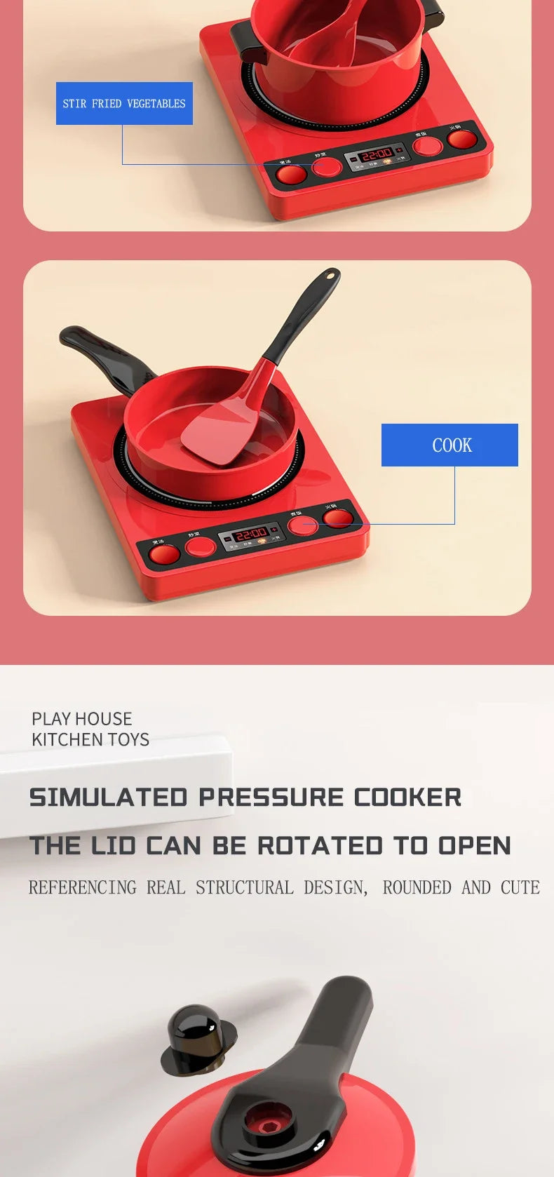 Kids Toys Pretend Play Red Kitchen Toys Simulation Food Cooking Girl's Boys Educational Play House Interactive Toys for Children