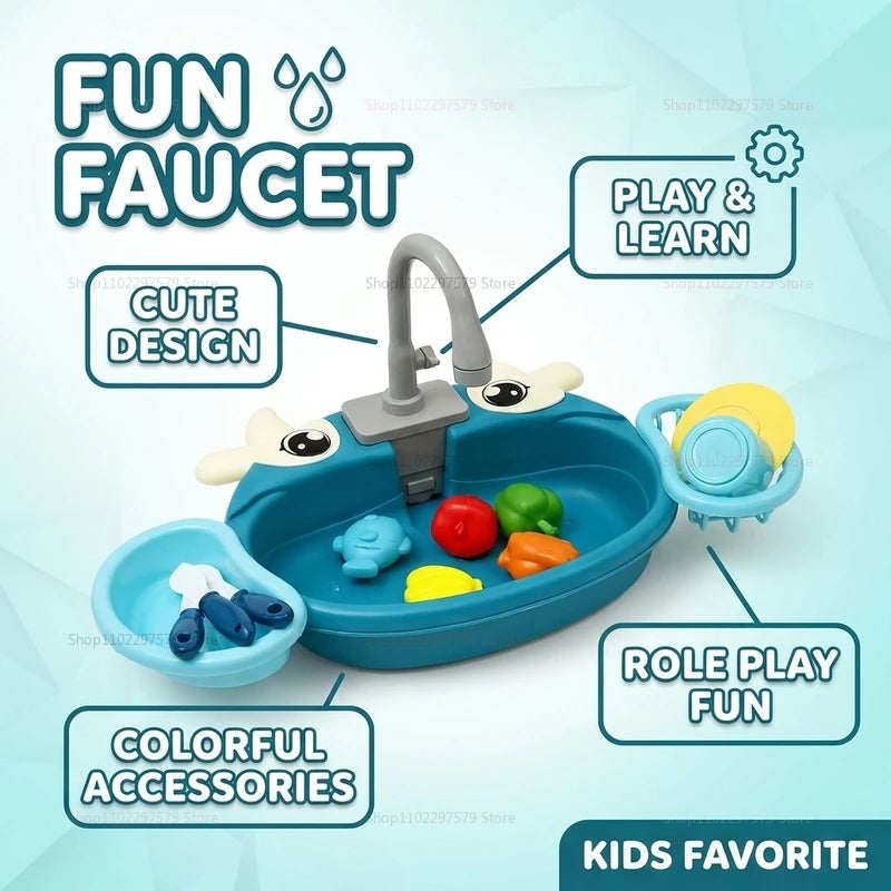 Children Play Kitchen Set with Simulated Dishwasher Sink Hand Basin Electric Circulating Water Toy for Boys Girls Kids Role Play