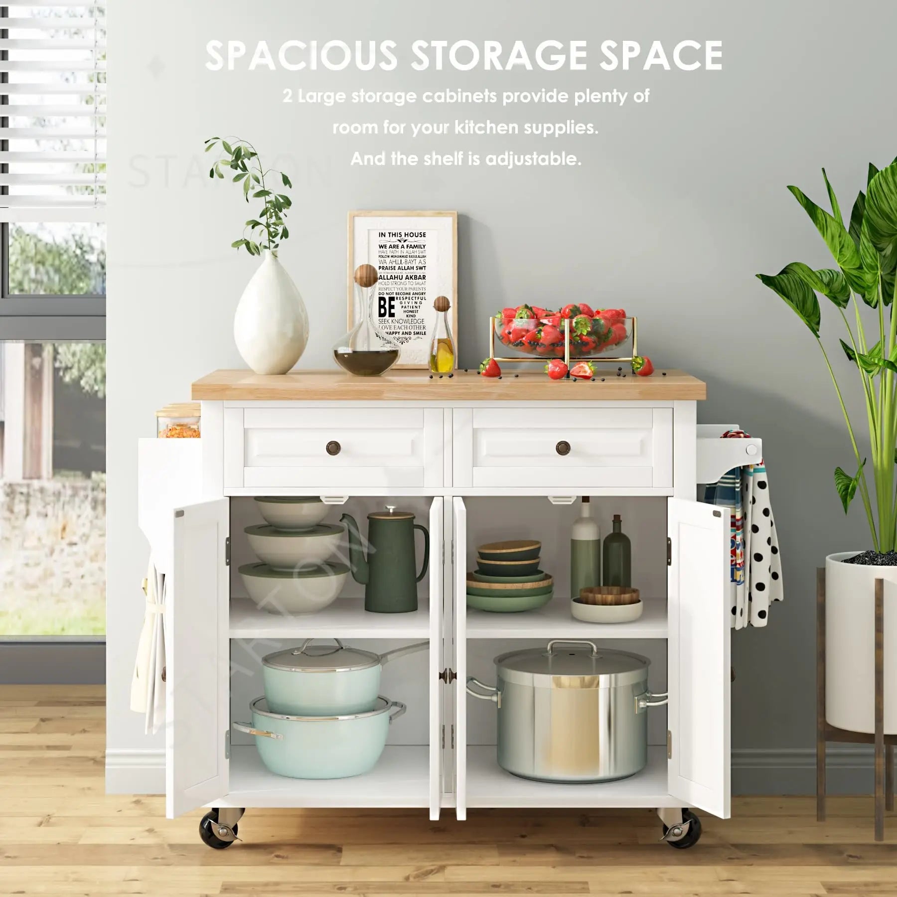 Kitchen Island on Wheels with Storage Cabinets Rolling Kitchen Island Cart with 2 Drawers Farmhouse Kitchen Island Table