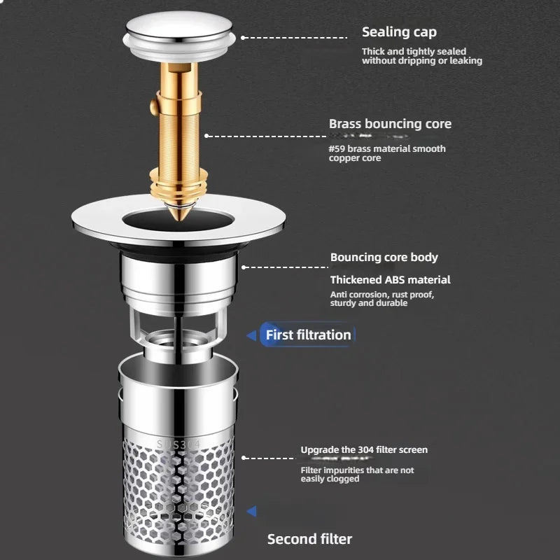Kitchen Washbasin Sink  ABS Leak Plug Floor Drain Filter Anti Odor Pop-Up Bounce Bounce Core Basin Stopper Hair Sink Strainer
