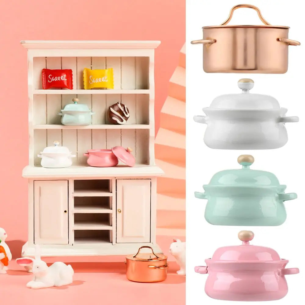 1/12 Scale Simulation Model Kitchen Cooking Toys With Pot Cover Mini Cookware Miniature Soup Pot Dollhouse Accessories