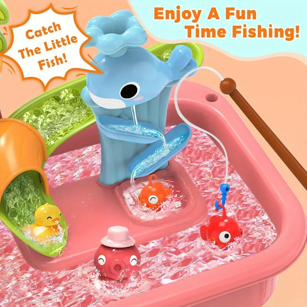 Kitchen Sets Water table with Pump,Tableware & Fishing Game for Kids,Children's Play Sink with Running Water & Electric Faucet