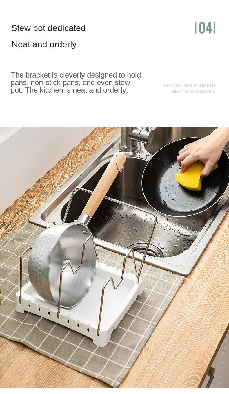 Kitchen Organizer Adjustable Pot Lid Rack, Spoon Holder Shelf, Cooking Dish Drainer Drying Rack, Pan Cover Stand