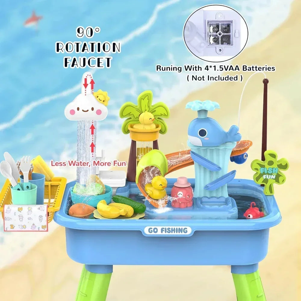 Kitchen Sets Water table with Pump,Tableware & Fishing Game for Kids,Children's Play Sink with Running Water & Electric Faucet