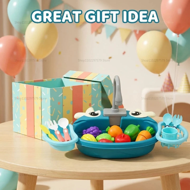 Children Play Kitchen Set with Simulated Dishwasher Sink Hand Basin Electric Circulating Water Toy for Boys Girls Kids Role Play