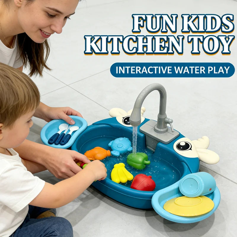 Children Play Kitchen Set with Simulated Dishwasher Sink Hand Basin Electric Circulating Water Toy for Boys Girls Kids Role Play