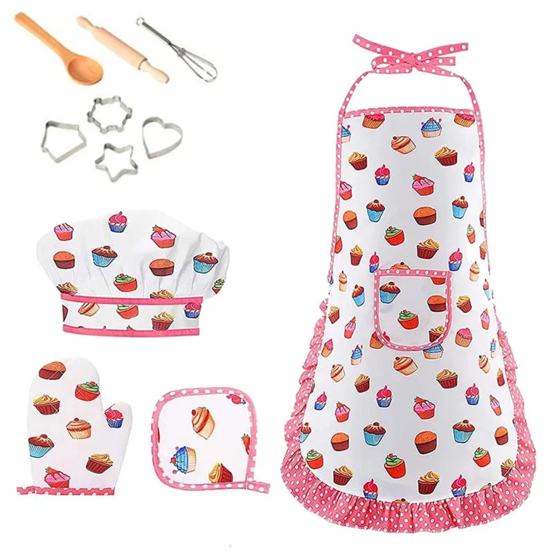 Kitchen Toys Baking Pretend Play Cooking Tools Little Girls Chef Apron Set Pink Costume Educational Dress Up Toys Gift