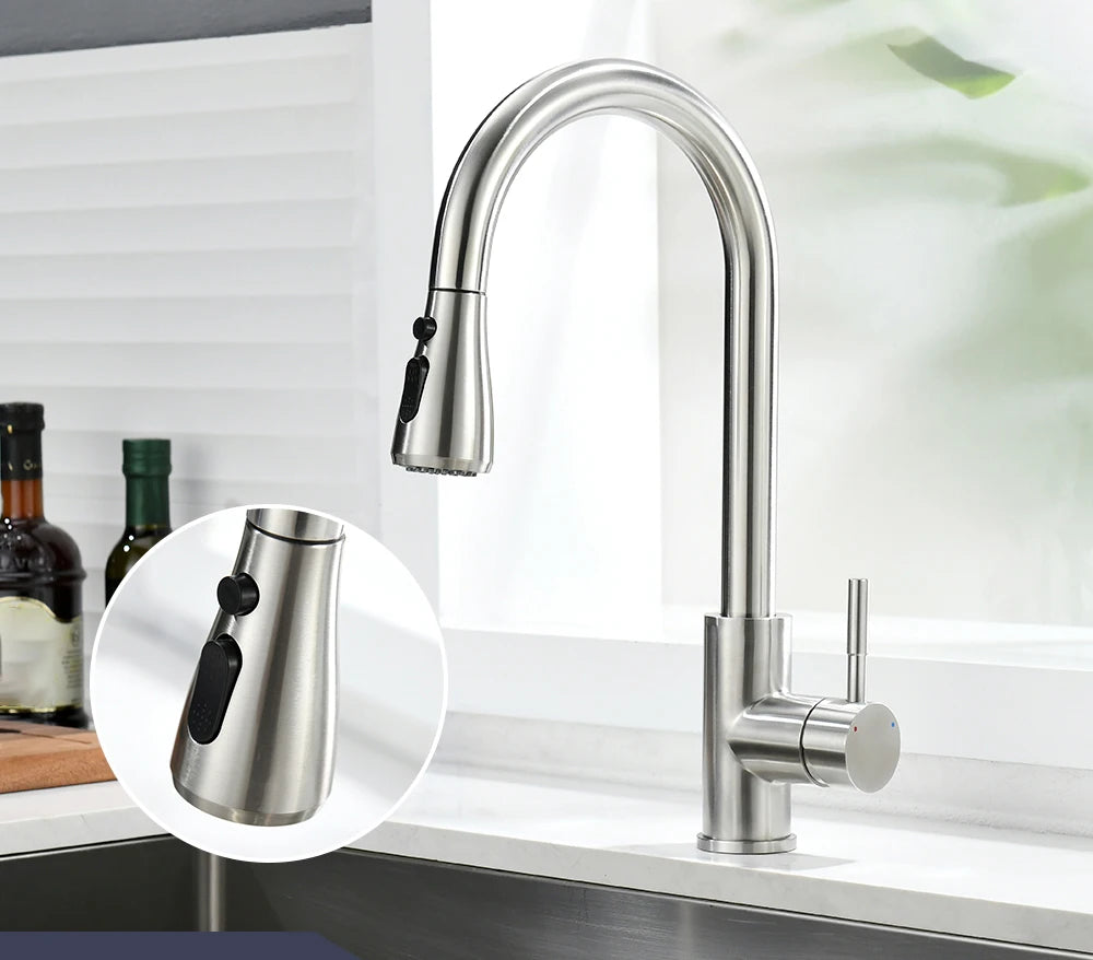 Kitchen Faucets Brushed Nickel Pull Out Kitchen Sink Water Tap Deck Mounted Mixer Stream Sprayer Head Hot Cold Taps Sliver