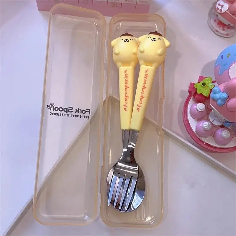 New Kuromi Hello Kitty Cinnamoroll Spoon Fork 2 Pcs Set Stainless Steel Cartoon Cute Kid Tableware Kitchen Supplies Gift