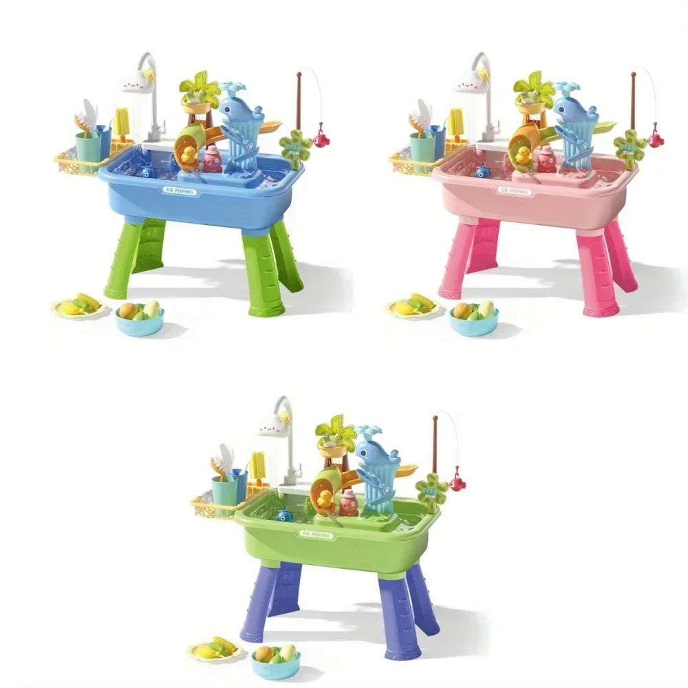 Kitchen Sets Water table with Pump,Tableware & Fishing Game for Kids,Children's Play Sink with Running Water & Electric Faucet