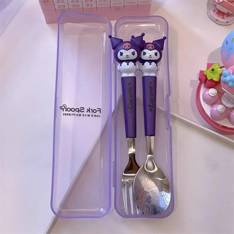 New Kuromi Hello Kitty Cinnamoroll Spoon Fork 2 Pcs Set Stainless Steel Cartoon Cute Kid Tableware Kitchen Supplies Gift