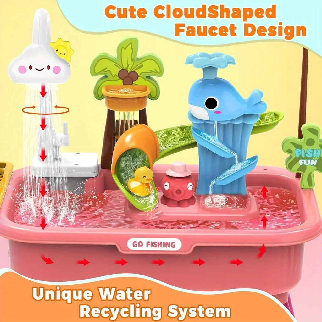 Kitchen Sets Water table with Pump,Tableware & Fishing Game for Kids,Children's Play Sink with Running Water & Electric Faucet