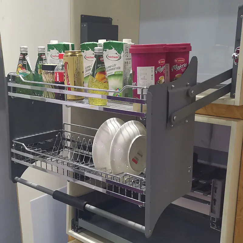 Kitchen Cabinet Modern Lift Up Mechanism System Food Beverage Vertical Pull Down Elevator Storage Wire Basket Shelf Shelves