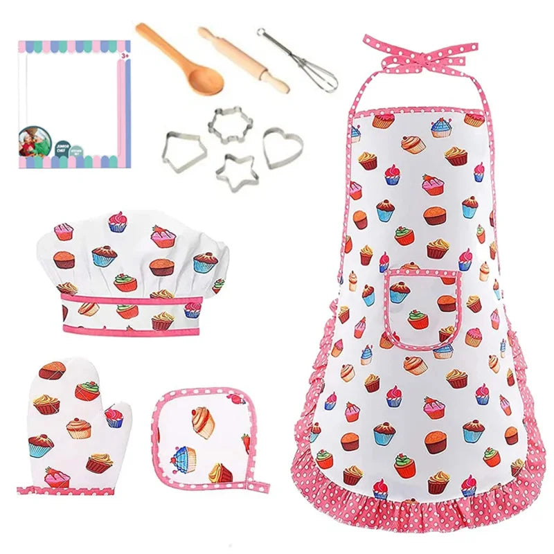 Kitchen Toys Baking Pretend Play Cooking Tools Little Girls Chef Apron Set Pink Costume Educational Dress Up Toys Gift