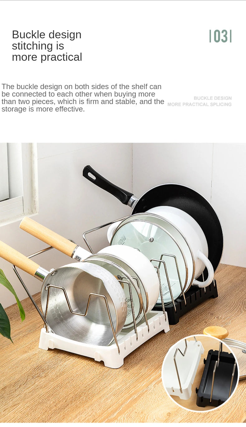 Kitchen Organizer Adjustable Pot Lid Rack, Spoon Holder Shelf, Cooking Dish Drainer Drying Rack, Pan Cover Stand