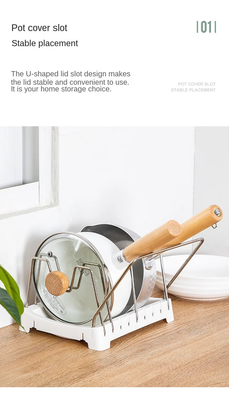Kitchen Organizer Adjustable Pot Lid Rack, Spoon Holder Shelf, Cooking Dish Drainer Drying Rack, Pan Cover Stand