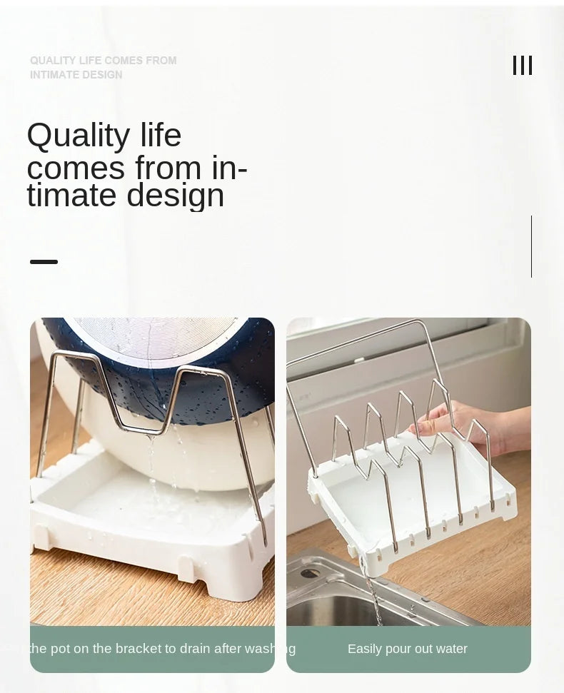 Kitchen Organizer Adjustable Pot Lid Rack, Spoon Holder Shelf, Cooking Dish Drainer Drying Rack, Pan Cover Stand