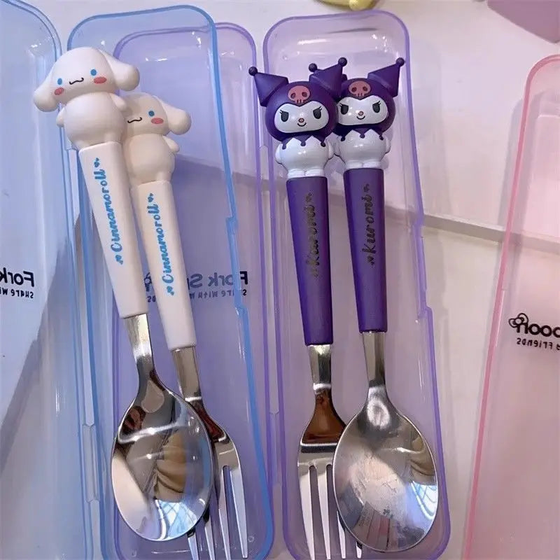 New Kuromi Hello Kitty Cinnamoroll Spoon Fork 2 Pcs Set Stainless Steel Cartoon Cute Kid Tableware Kitchen Supplies Gift