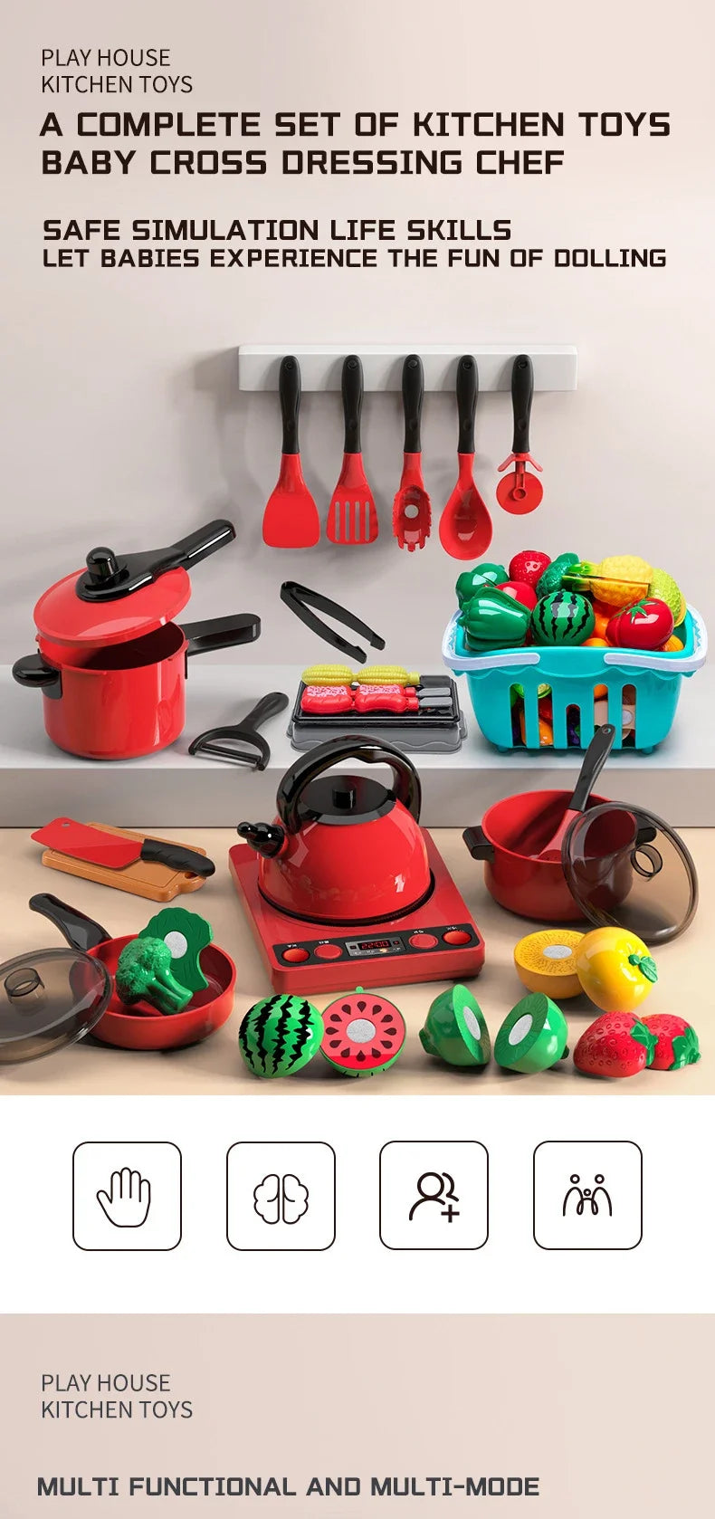 Kids Toys Pretend Play Red Kitchen Toys Simulation Food Cooking Girl's Boys Educational Play House Interactive Toys for Children