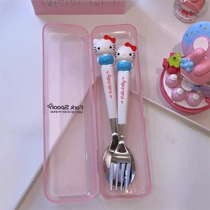 New Kuromi Hello Kitty Cinnamoroll Spoon Fork 2 Pcs Set Stainless Steel Cartoon Cute Kid Tableware Kitchen Supplies Gift