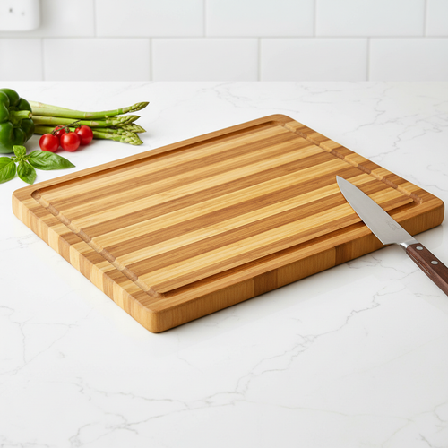 Bamboo cutting board with juice groove and fresh vegetables